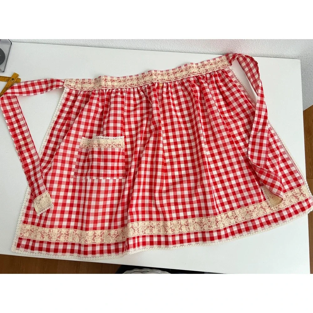 Vintage Red Gingham Half Apron Lace Trim Pocket Kitchen Cottagecore Handmade